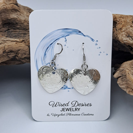 Handmade vintage silverware earrings made from silver-plated flattened spoon bowls