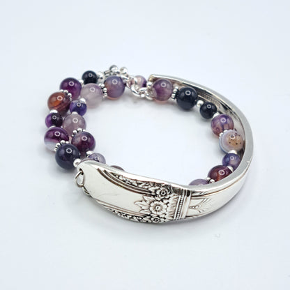 Handmade vintage silverware bracelet made from First Love 1937 silverplated handles with purple marble agate gemstone beads