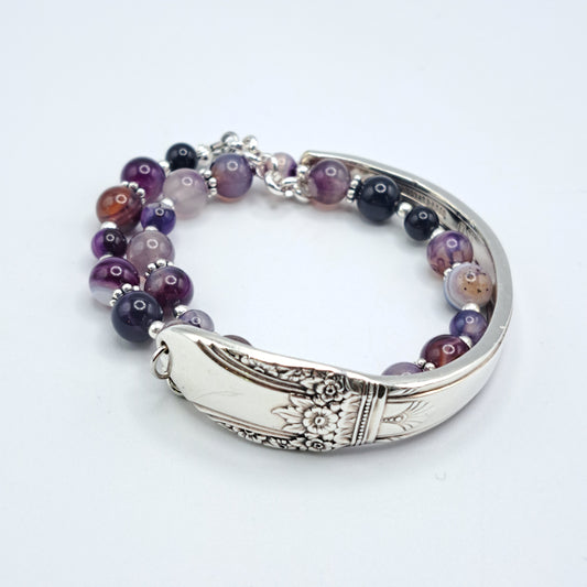 Handmade vintage silverware bracelet made from First Love 1937 silverplated handles with purple marble agate gemstone beads