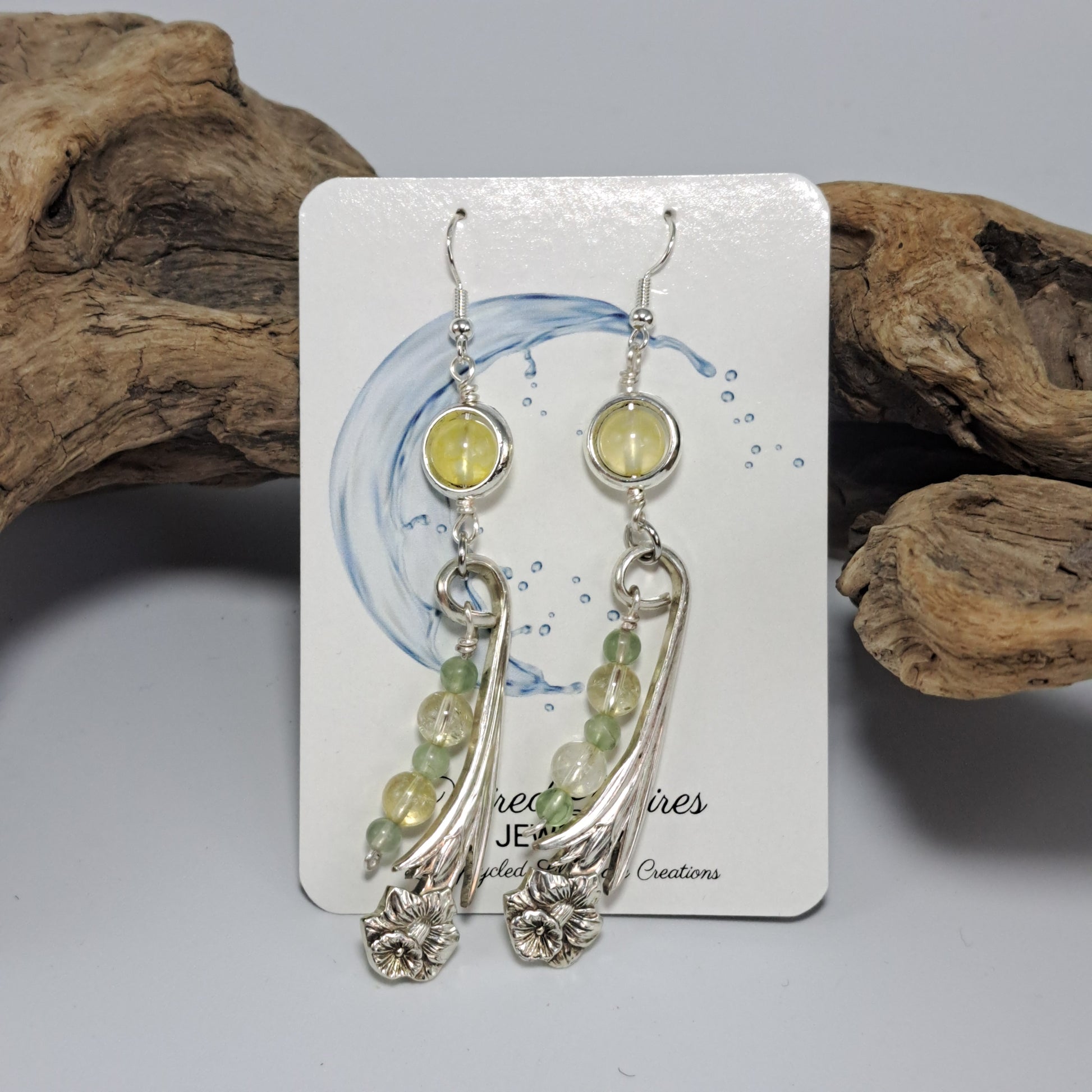 Handmade vintage silverware Daffodil earrings with citrine and fluorite gemstone beads. 