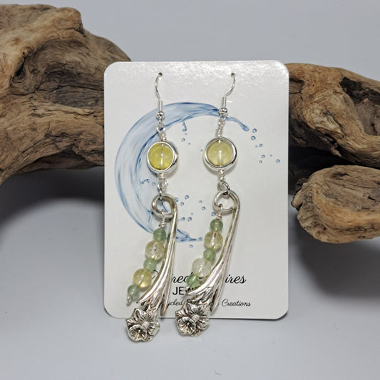 Handmade vintage silverware Daffodil earrings with citrine and fluorite gemstone beads. 