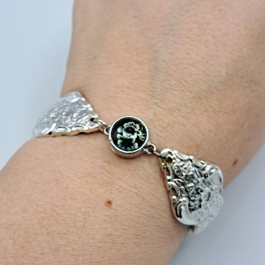 Handmade vintage silverware bracelet made from Silver Renaissance 1971 pattern silverplated handles with center snap charm