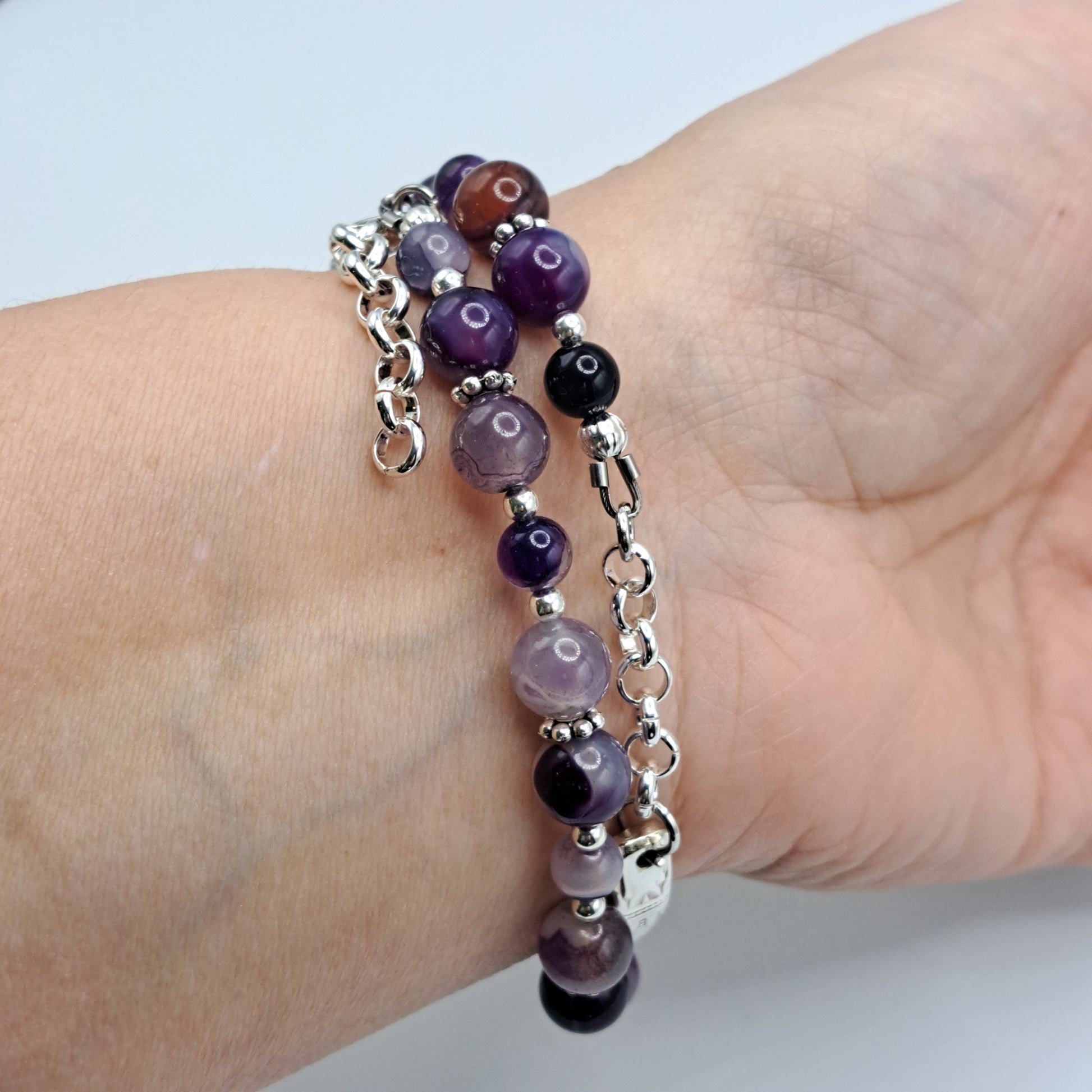 Handmade vintage silverware bracelet made from First Love 1937 silverplated handles with purple marble agate gemstone beads