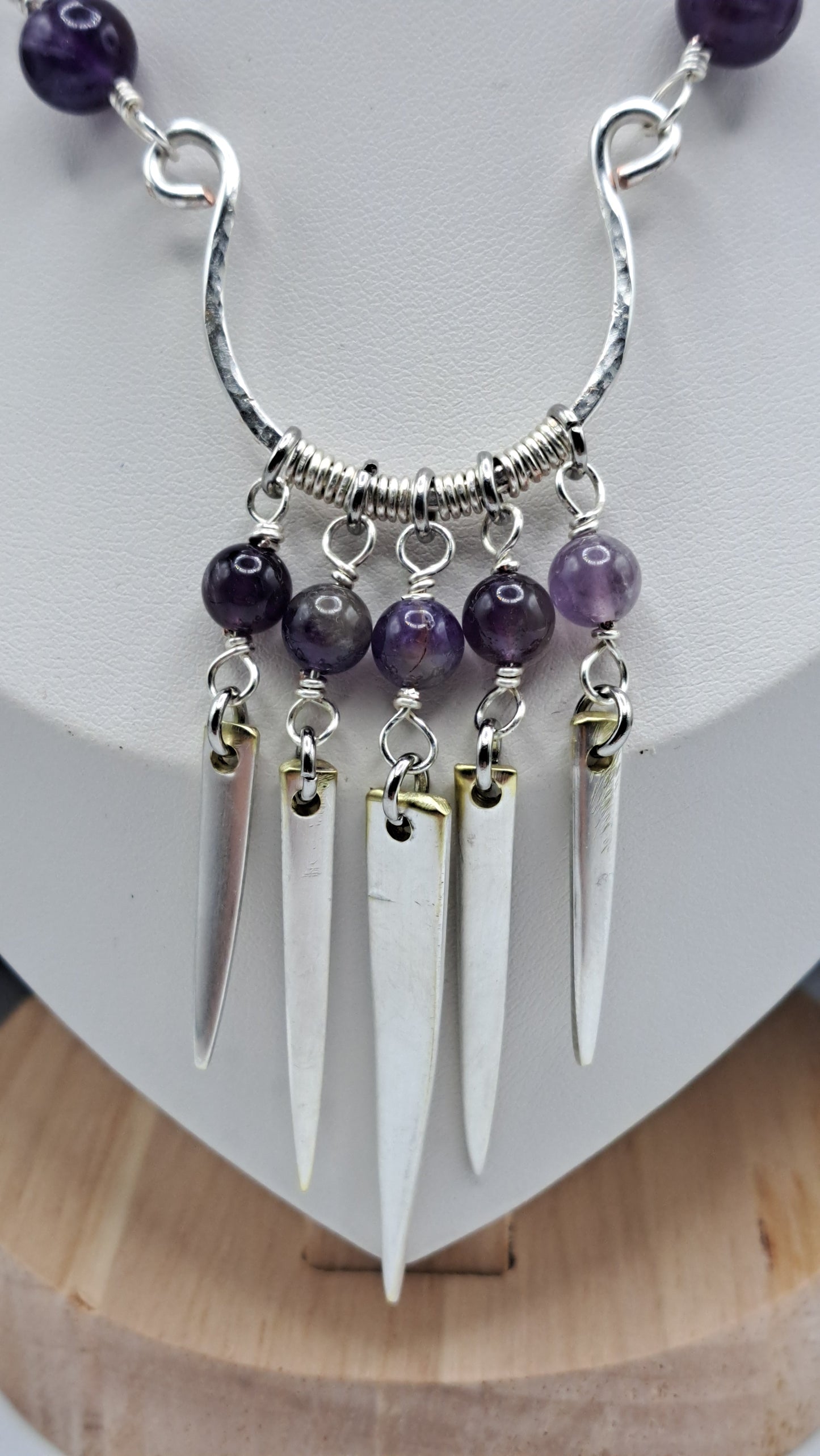 Handmade amethyst bead necklace with fork tine focal pendant