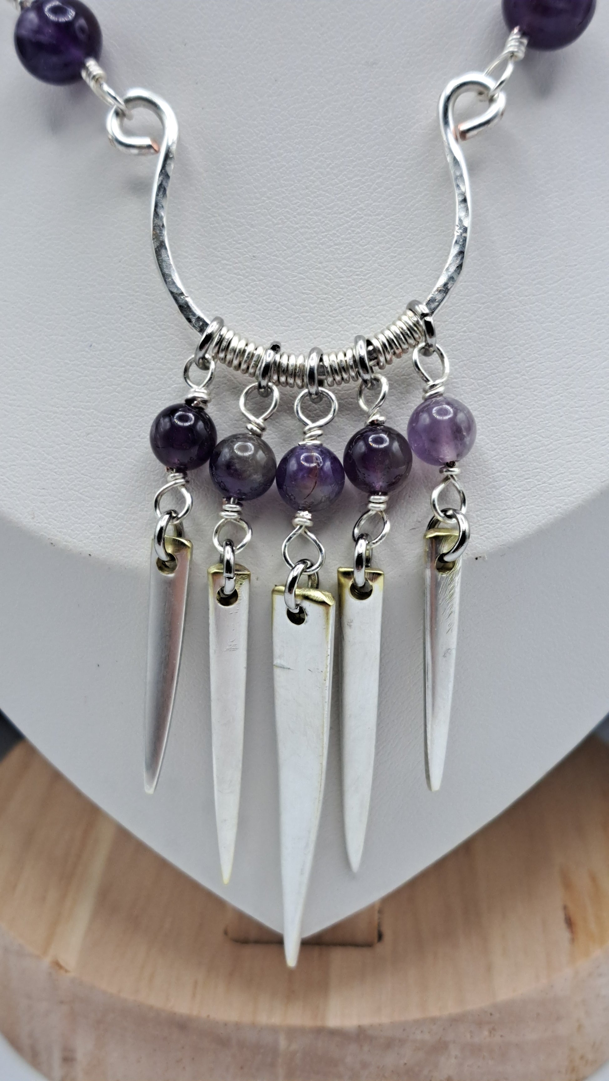 Handmade amethyst bead necklace with fork tine focal pendant