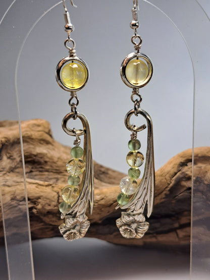 Handmade vintage silverware Daffodil earrings with citrine and fluorite gemstone beads. 