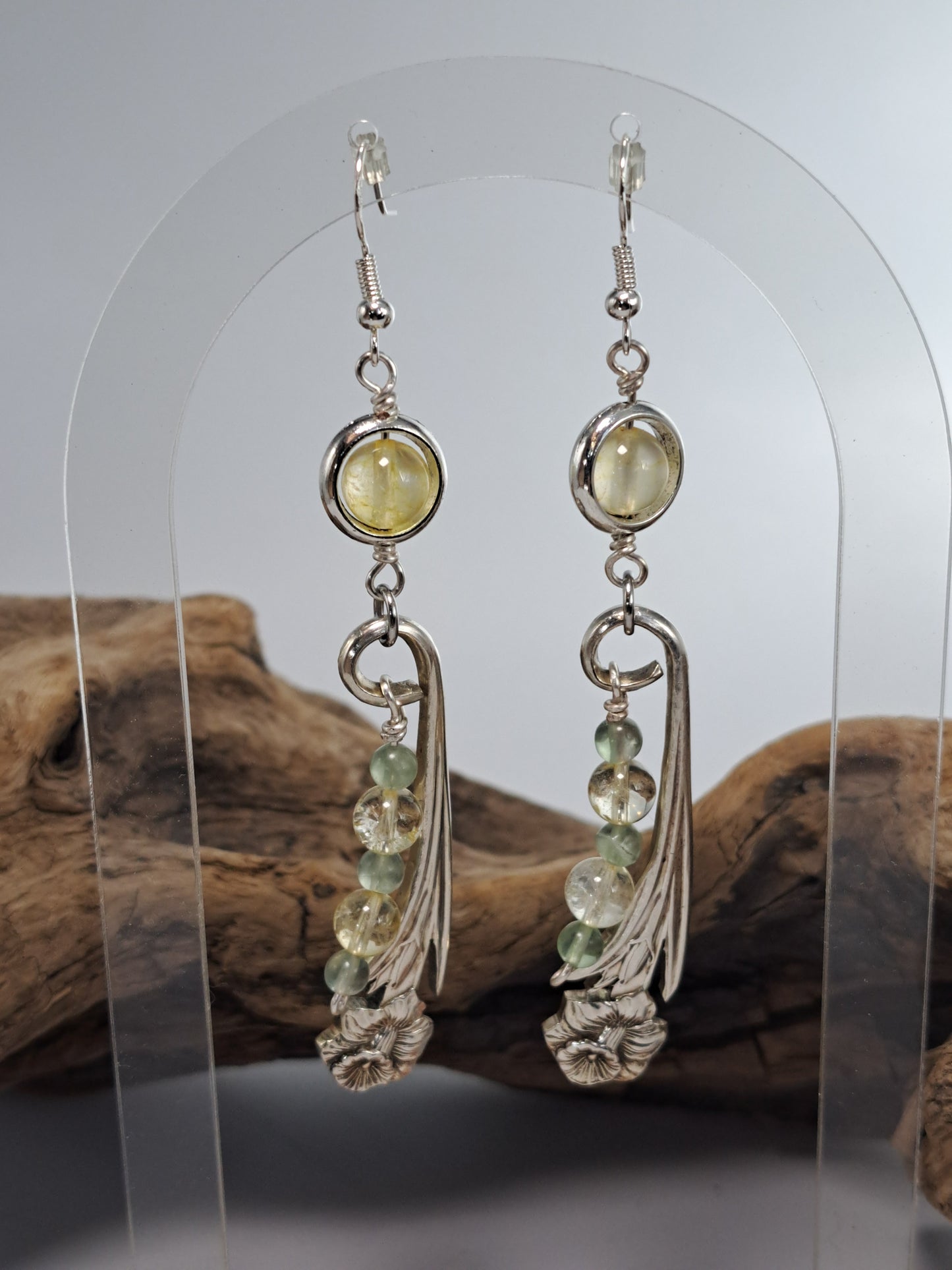 Handmade vintage silverware Daffodil earrings with citrine and fluorite gemstone beads. 