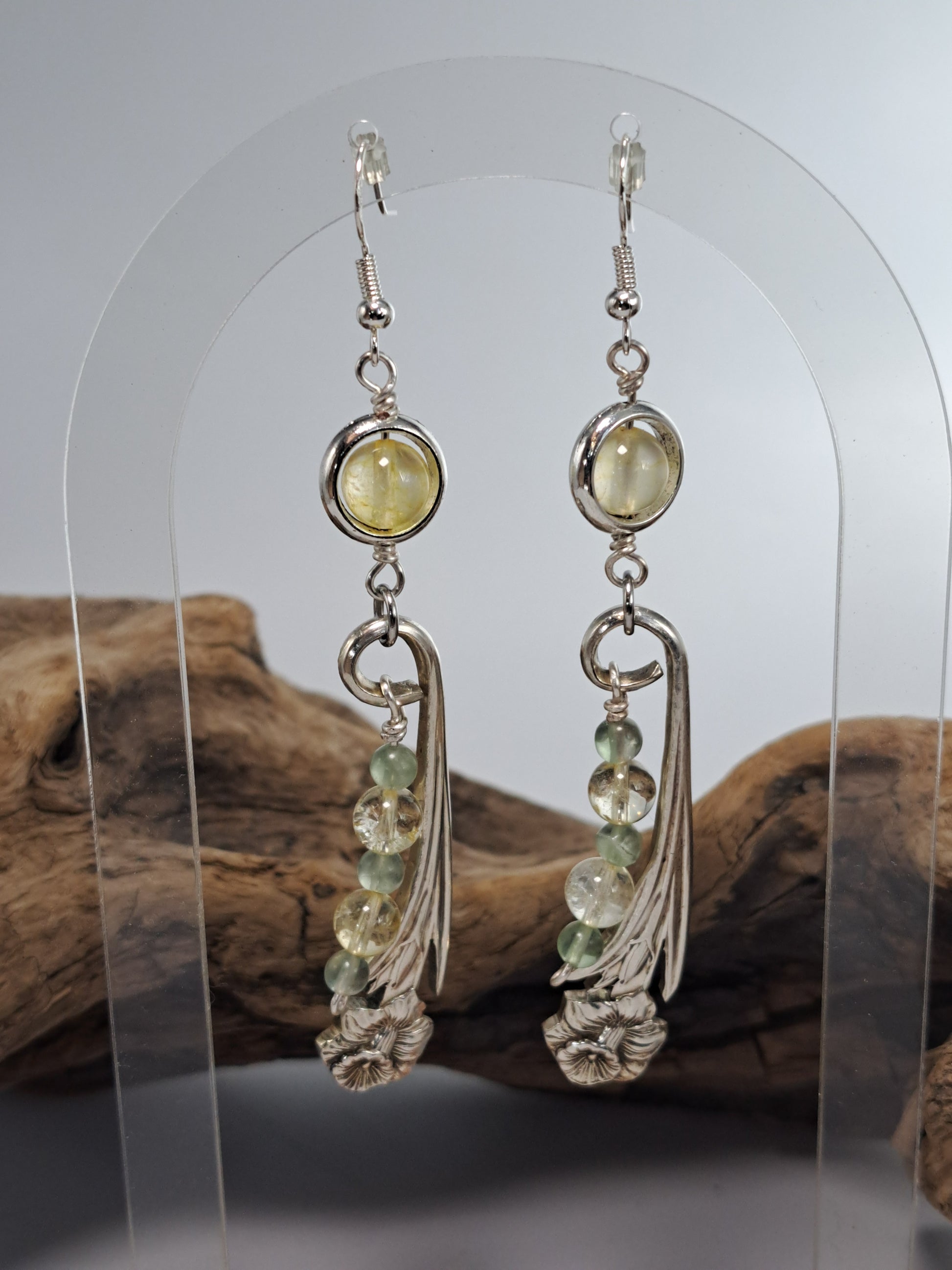Handmade vintage silverware Daffodil earrings with citrine and fluorite gemstone beads. 