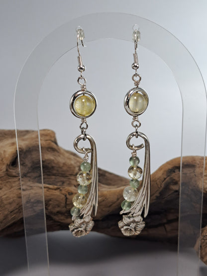 Handmade vintage silverware Daffodil earrings with citrine and fluorite gemstone beads. 