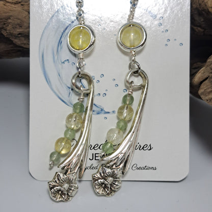 Handmade vintage silverware Daffodil earrings with citrine and fluorite gemstone beads. 