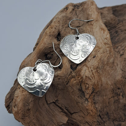 Handmade vintage silverware earrings made from silver-plated flattened spoon bowls