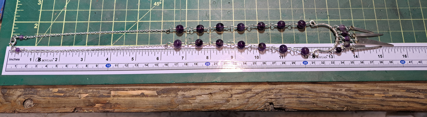 Handmade amethyst bead necklace with fork tine focal pendant