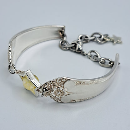 Handmade vintage silverware bracelet made from Starlight 1950 pattern silverplated handles with citrine gemstone center