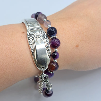 Handmade vintage silverware bracelet made from First Love 1937 silverplated handles with purple marble agate gemstone beads