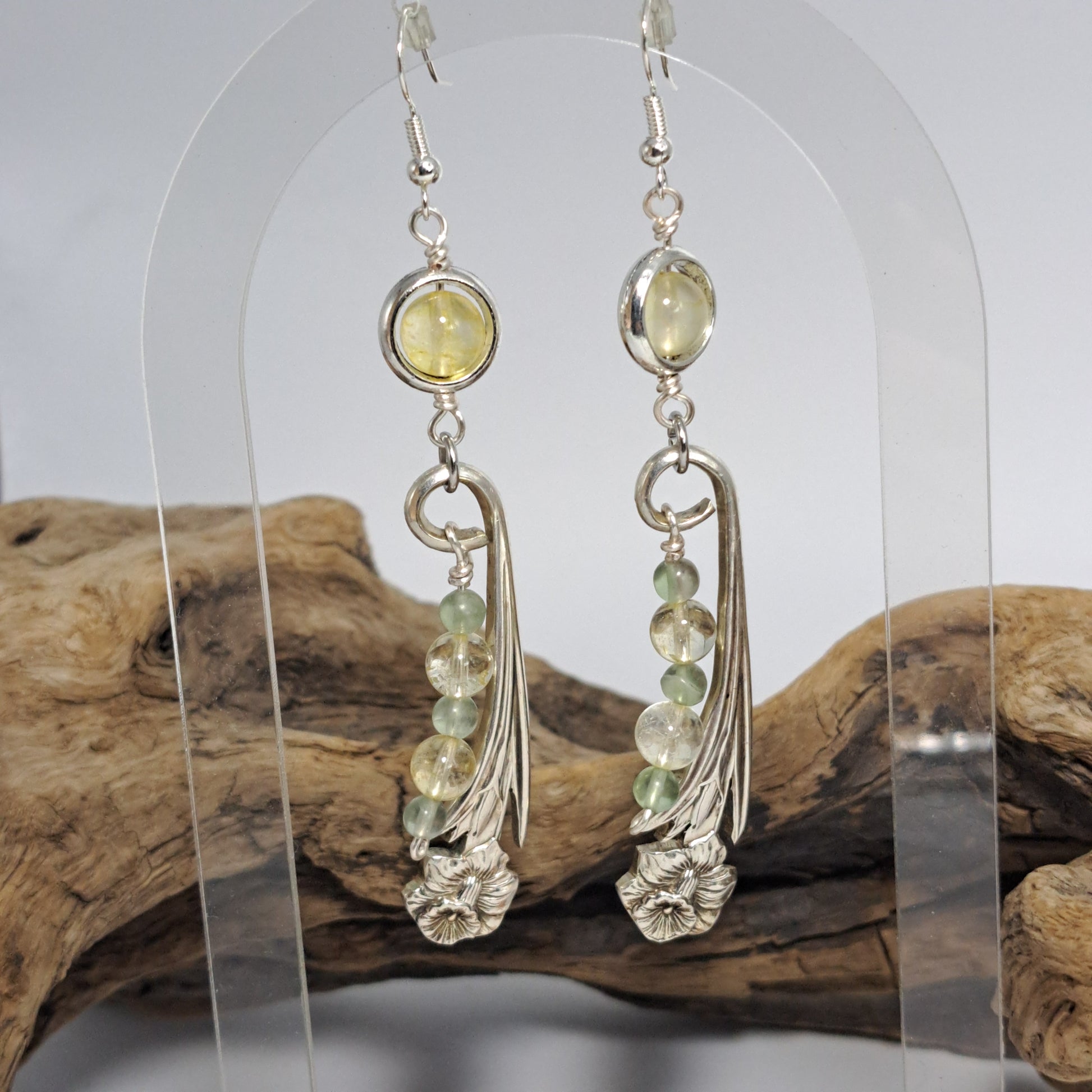 Handmade vintage silverware Daffodil earrings with citrine and fluorite gemstone beads. 