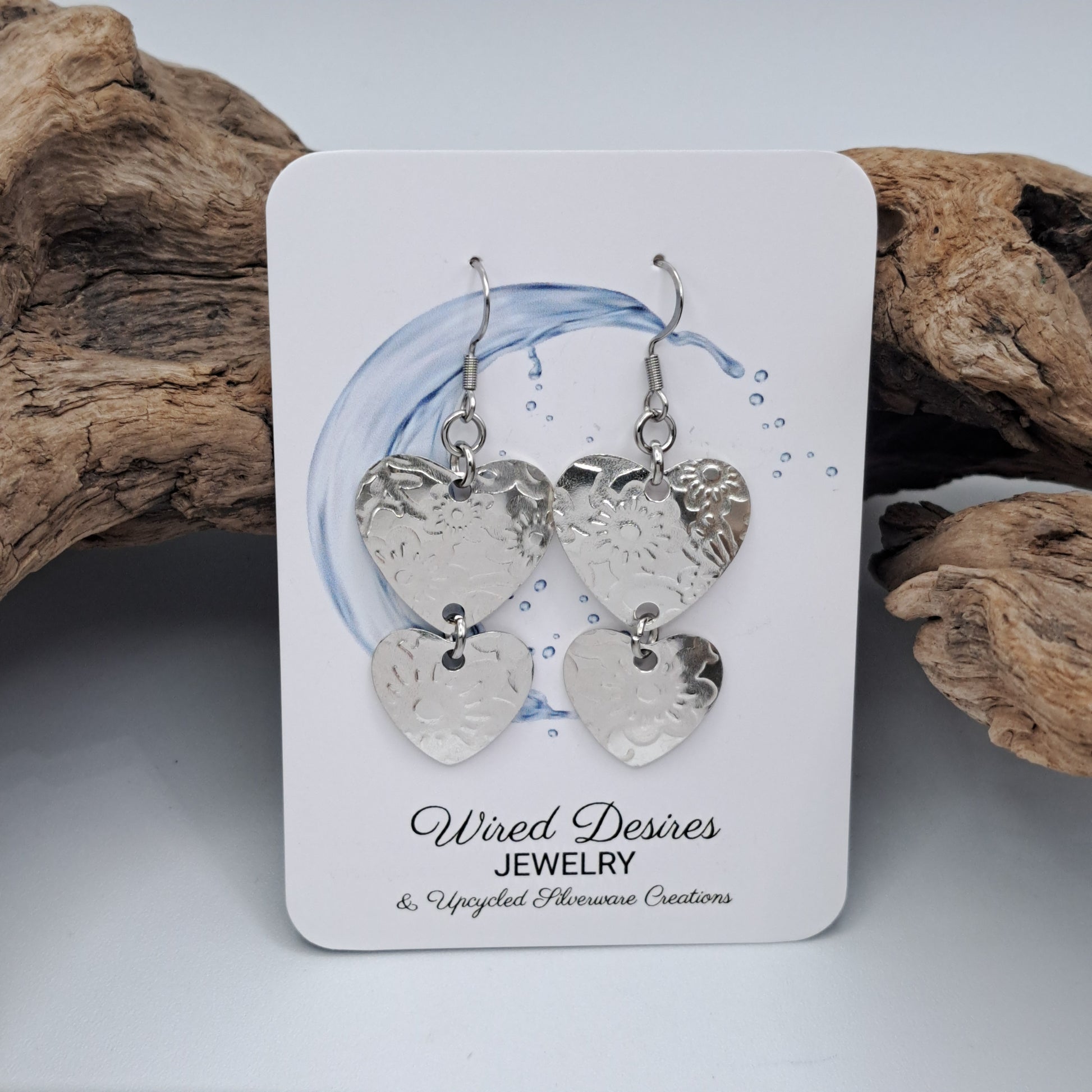 Handmade vintage silverware earrings made from silver-plated flattened spoon bowls